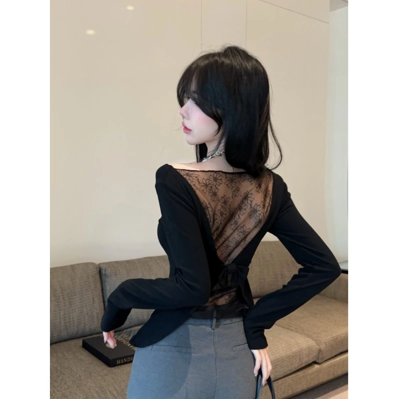 梦优莱纯欲风蕾丝长袖t恤2025春秋冬内搭辣妹设计感后背镂空上衣