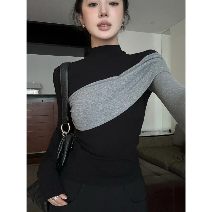 梦优莱撞色拼接半高领T恤内搭打底衫女春秋冬修身显瘦辣妹风上衣