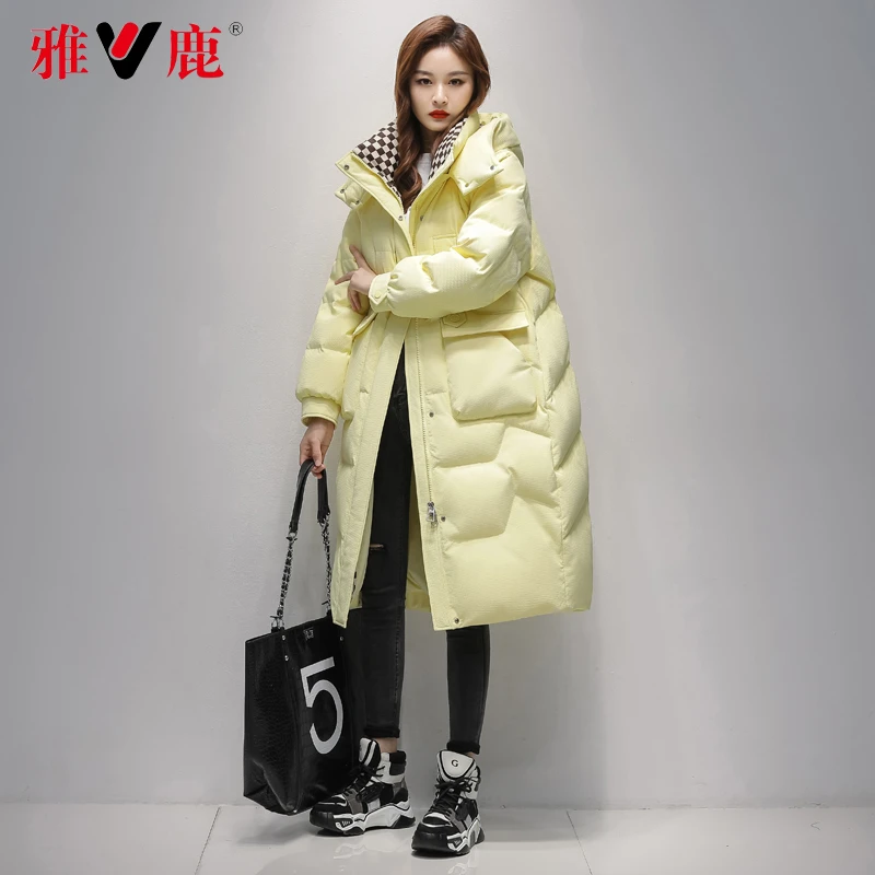 【雅鹿】冬装新款90白鸭绒羽绒服长款过膝大码女装加厚保暖连帽