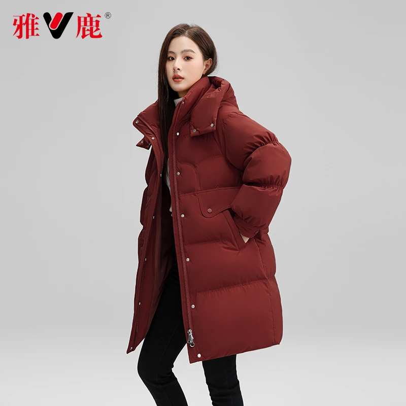 【雅鹿】风泽冬季新款羽绒服女中长款加厚连帽户外运动宽松保暖