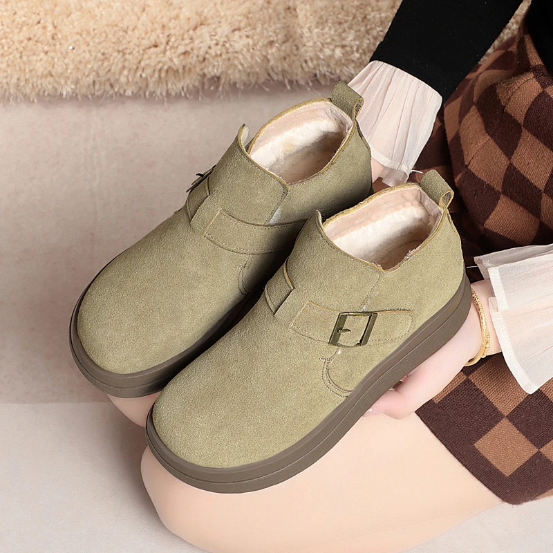 磨砂皮勃肯鞋真皮厚底防滑女款棉鞋绵羊毛加厚保暖加绒防寒雪地靴