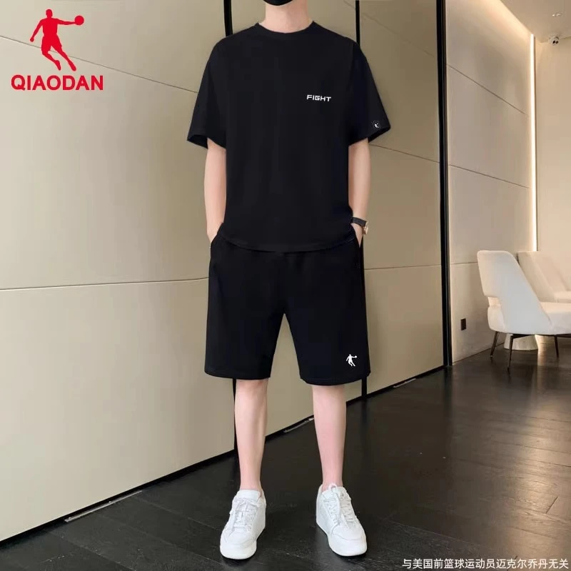 乔丹运动套装男士黑色秋季短袖短裤休闲两件套官方旗舰正品运动服