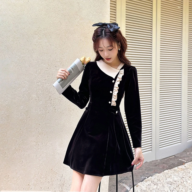 99253丘丘家秋季新款连衣裙女法式小香风a字高级感显瘦黑色短裙子