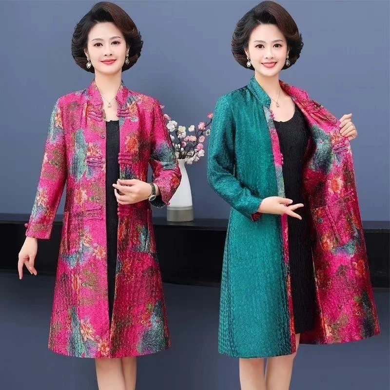 新款春装妈妈装中长款褶皱外套阔太太两面穿风衣中老年外套2305款