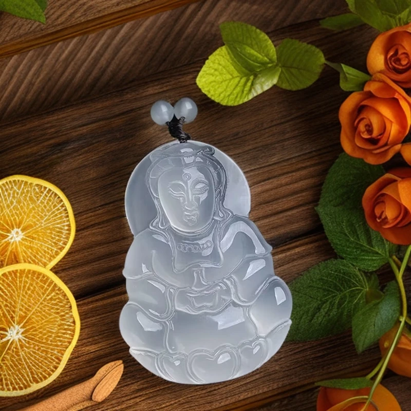 天然冰种玉髓观音玛瑙佛公玉项链冰透菩萨玉石吊坠男女玛瑙挂件