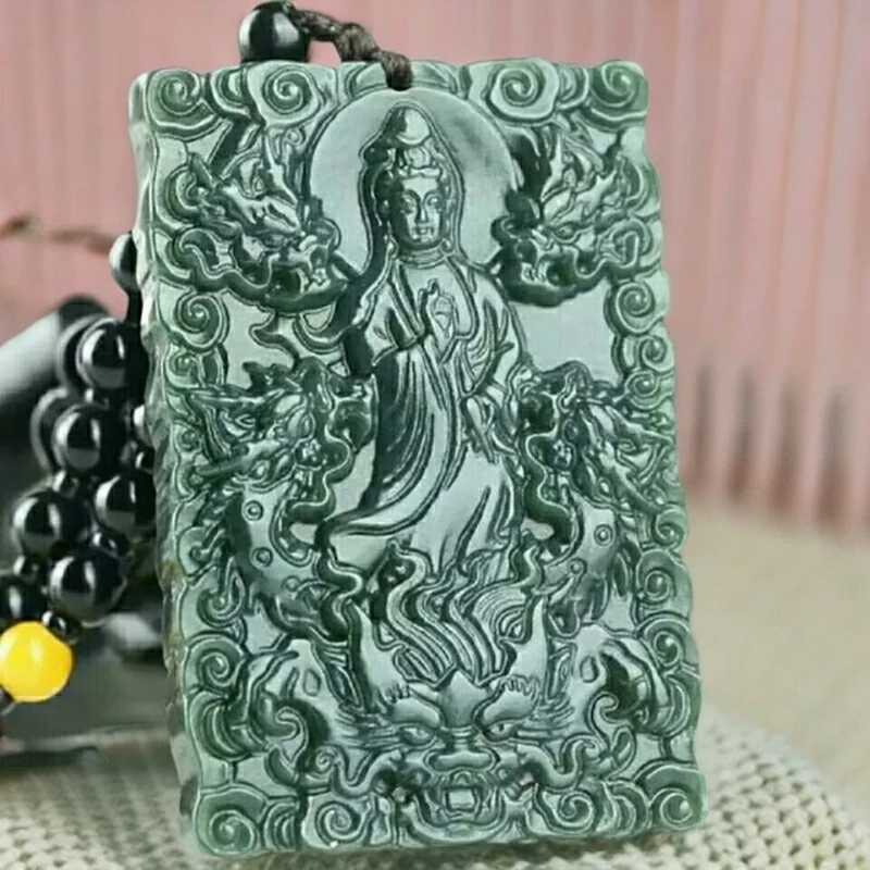 和田玉青玉龙牌观音菩萨吊坠男款玉坠玉石挂件九龙护主净水观音