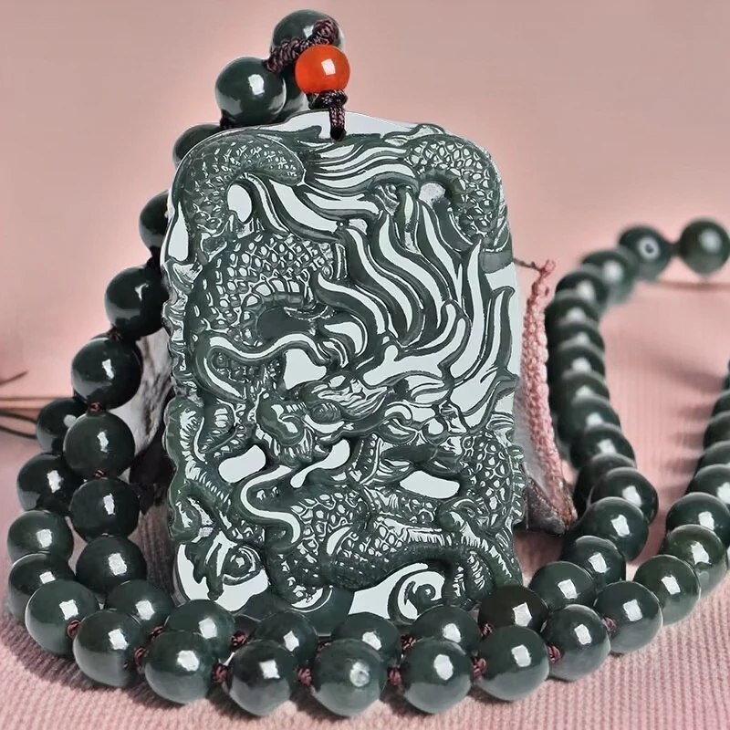 天然新疆和田玉青玉龙牌吊坠生肖属龙挂件玉坠项链男士挂件