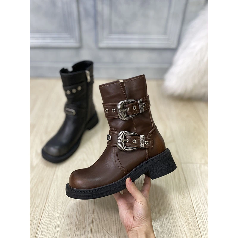 【欧货&高货】走秀款皮带扣骑士靴女美拉德沙漠风短靴侧拉链机车靴