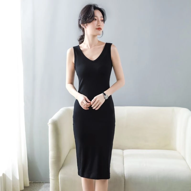 春夏女装新款背心裙黑色内搭裙无袖V领打底连衣裙