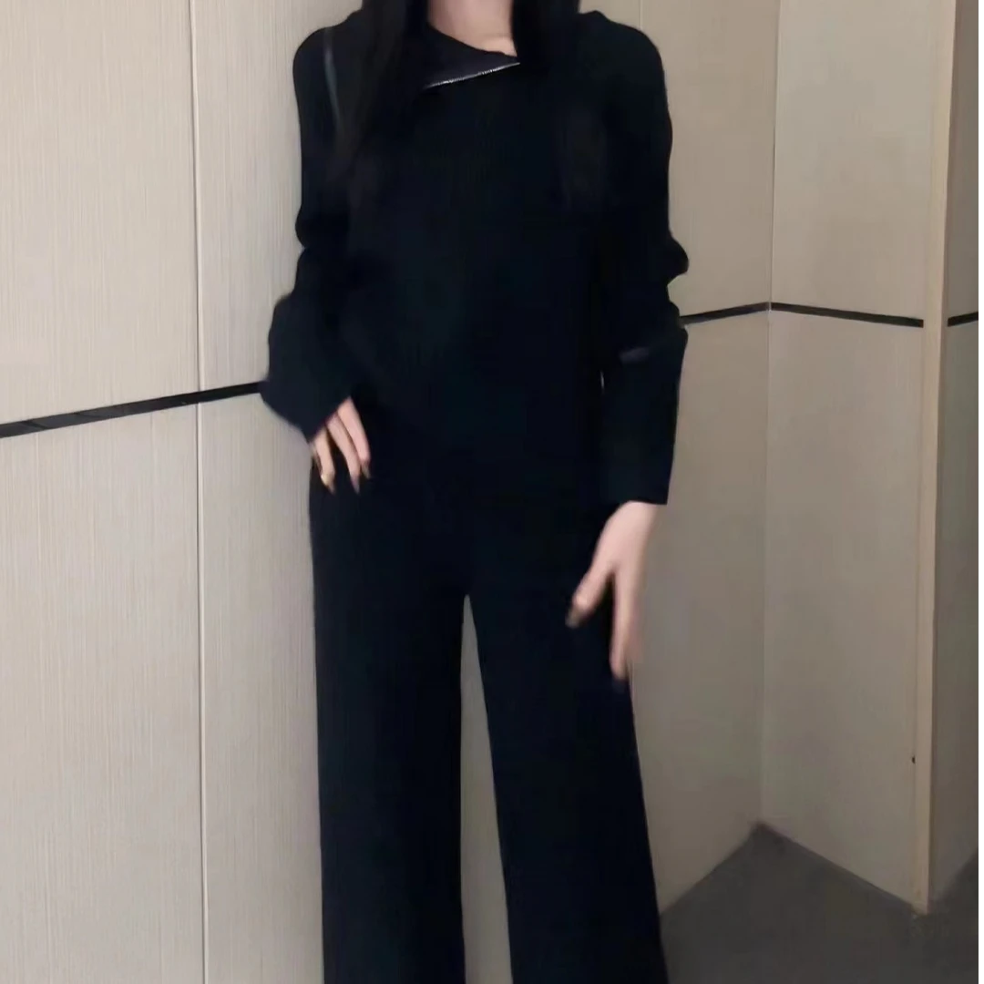 【舒适出圈】韩版秋冬气质上衣女高腰直筒长裤针织两件套休闲百