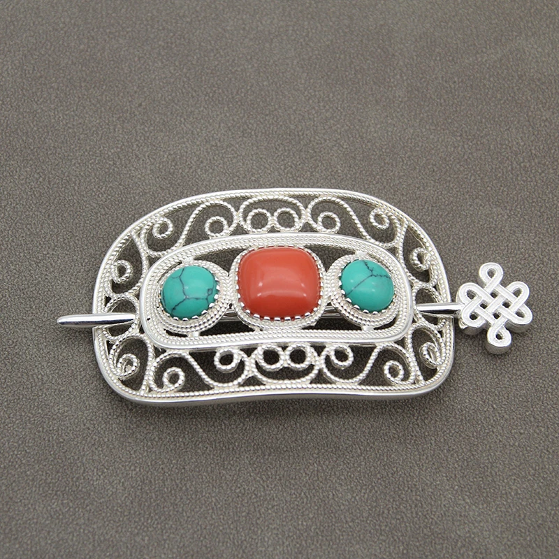 925银树脂银制品 蒙古头饰民族风发饰蒙古族特色银饰品发夹发针