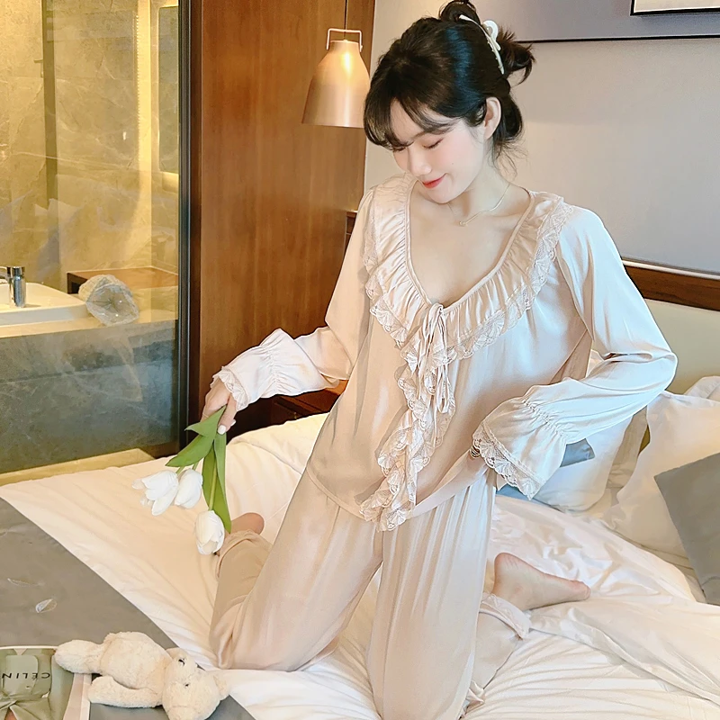 薄款冰丝很仙的睡衣女秋天长袖长裤可外穿仿真丝绸家居服春夏套装