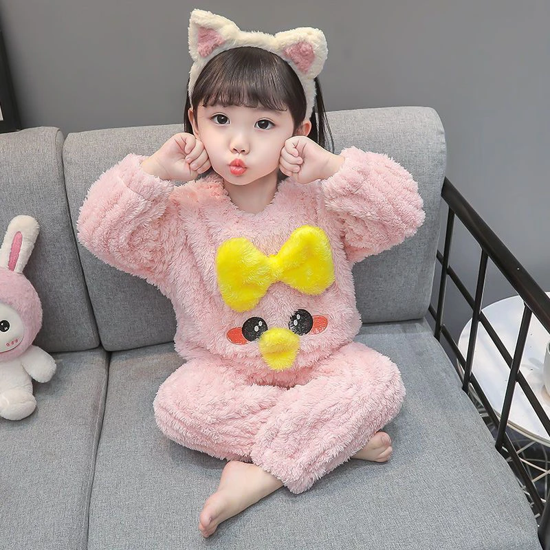 儿童睡衣秋冬季加厚女童法兰绒卡通可爱女孩宝宝珊瑚绒家居服套装