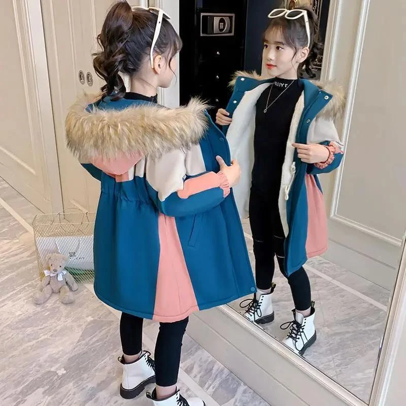 女童派克服外套冬装新款韩版洋气中长款衣中大童加绒厚服