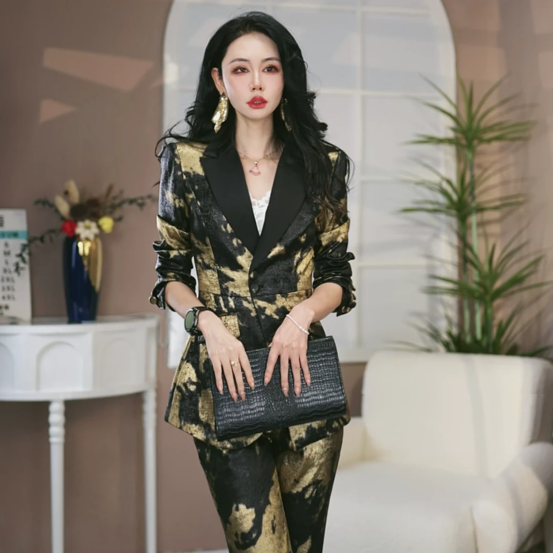 【Z.YE】2024秋季设计师款式显瘦气质时尚休闲黑金色修身套装2496