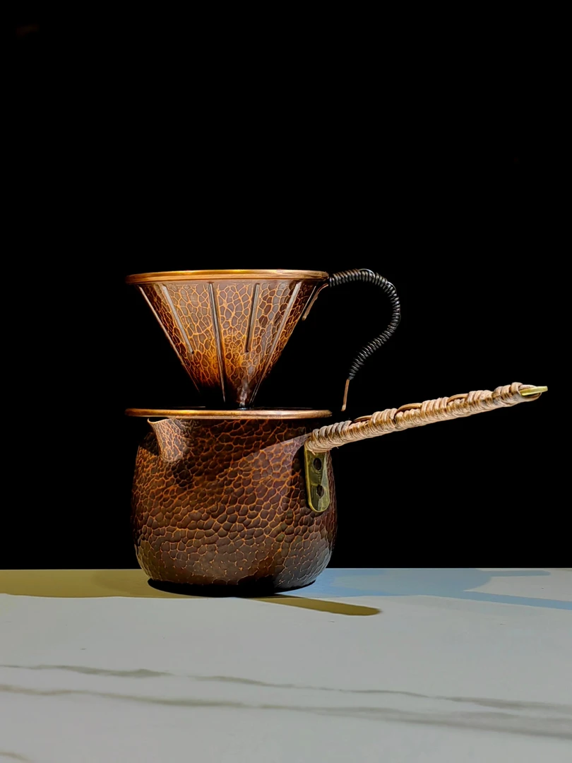 手作铜咖啡漏杯褐金版V60漏杯紫铜手作口径10cm褐金烤色柄牛皮绳