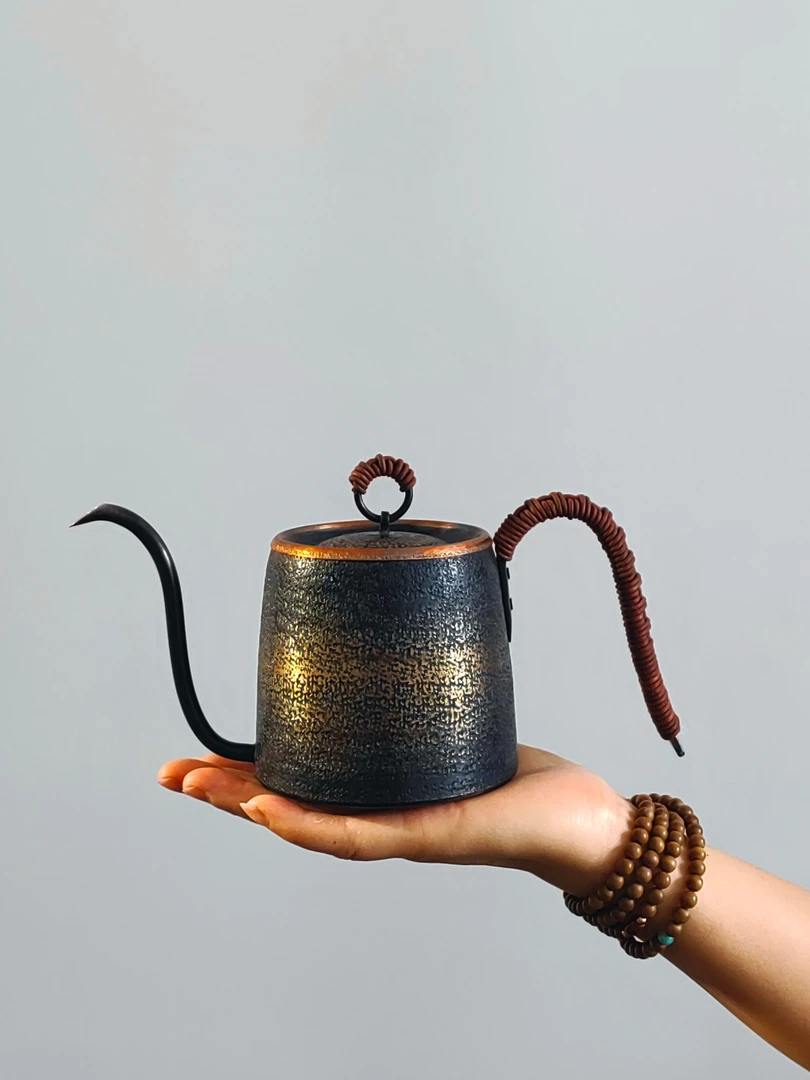 手作铜砣形手冲茶咖壶彩铜青绿金色500cc520g底10x高12.5×长23cm