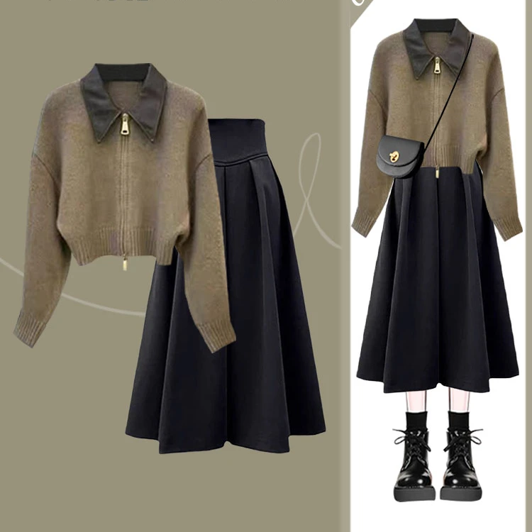 高级感polo领春季软糯慵懒拼接羊绒毛衣外套百搭气质百褶半身裙