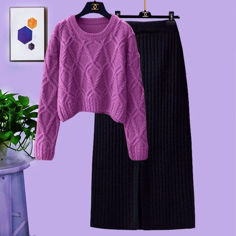 秋冬套装女2025新款时尚麻花针织设计长袖圆领上衣搭半身裙两件套