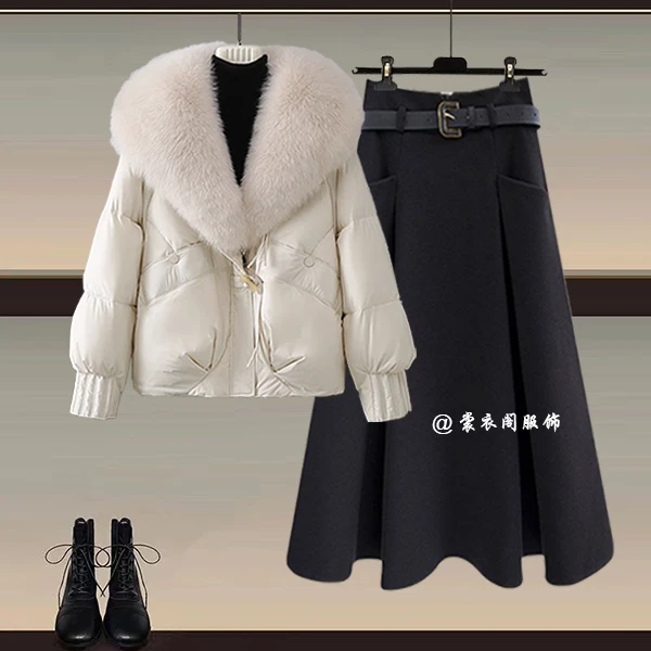 冬季套装女2025新款保暖加厚毛领棉服外套配显瘦遮胯半身裙两件套