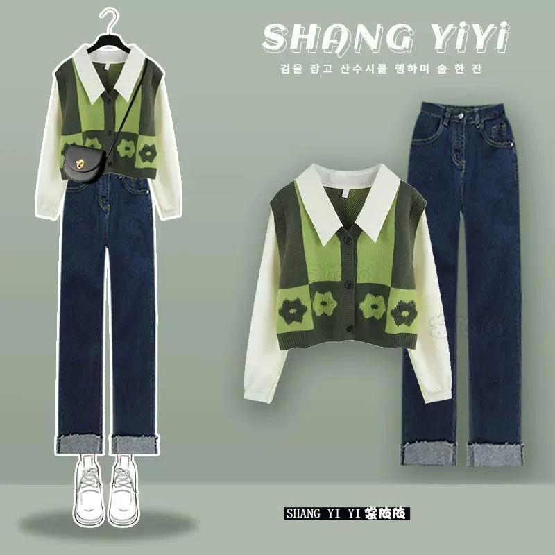 冬季穿搭一整套2025新款大码女装穿搭假两件衬衫上衣牛仔裤两件套