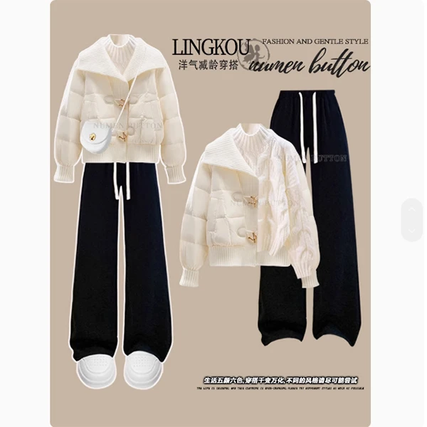 大码春季休闲套装女针织毛衣小香风棉服外套高腰显瘦休闲裤三件套