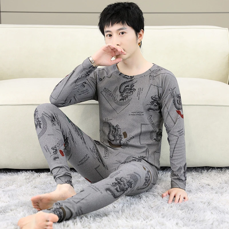 冬季圆领双面德绒保暖内衣男士套装打底潮流印花加绒加厚秋衣秋裤