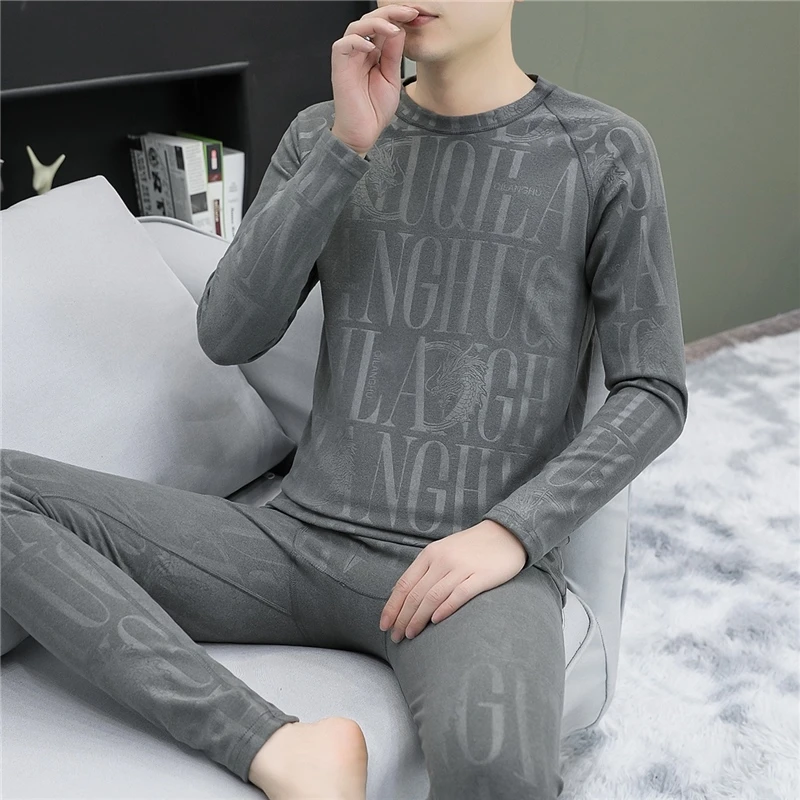 冬季双面德绒圆领保暖内衣男士套装青年加绒加厚无痕秋衣秋裤打底