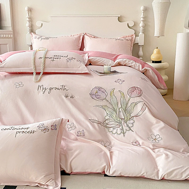 新款刺绣四件套纯色绣花高档时尚暖氧磨毛四件套轻奢绣花四件套