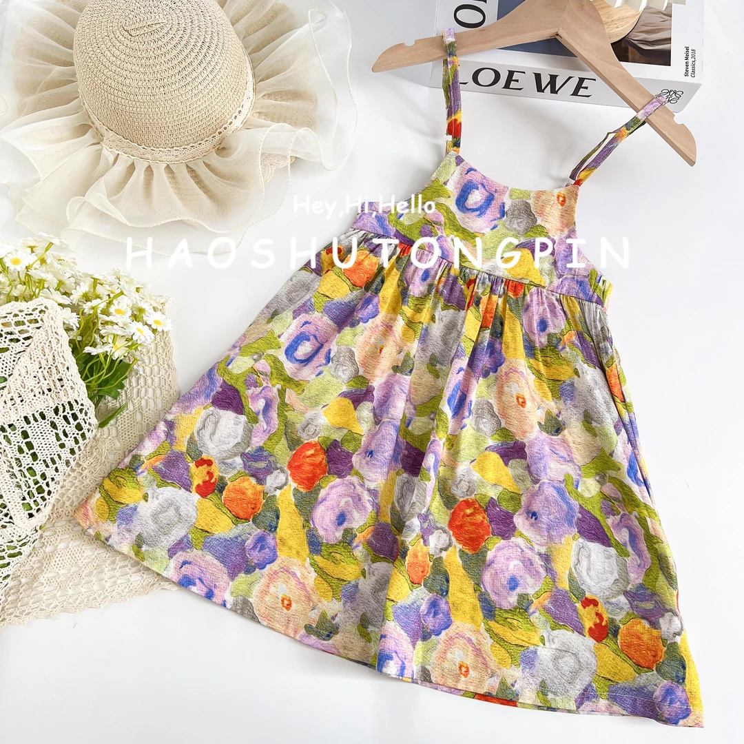 郝叔童品HQ32135女童夏季油画风碎花吊带连衣裙宝宝洋气连衣裙