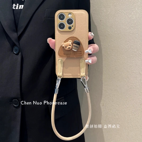 适用苹果华为荣耀oppo/vivo小米手机壳皮质个性支架手绳斜挎防摔