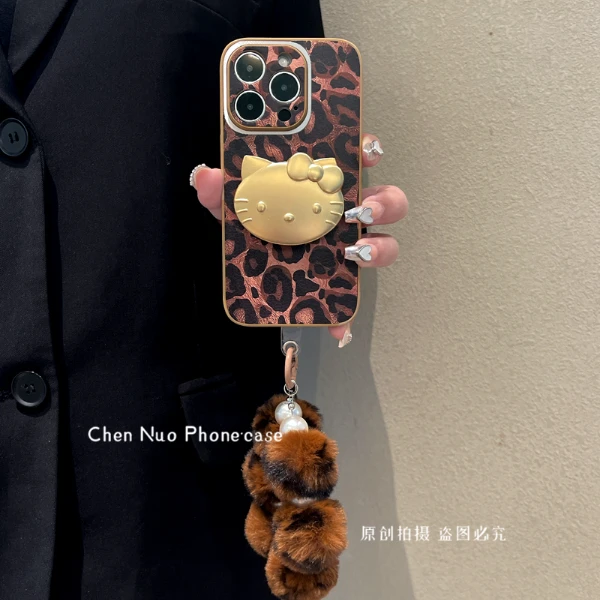 适用苹果华为荣耀oppo/vivo小米手机壳豹纹kt猫支架个性毛球手链