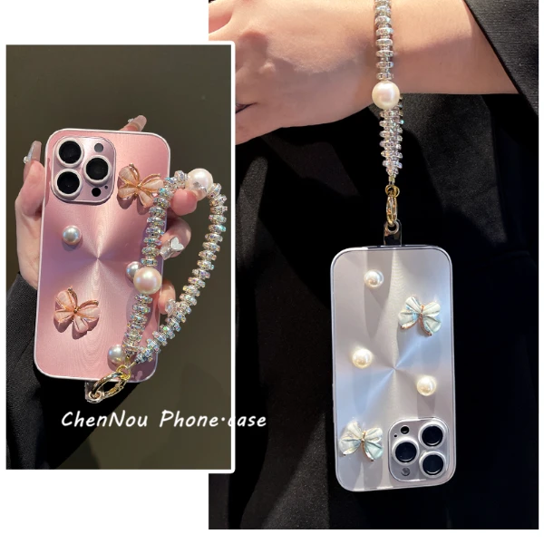 苹果/华为荣耀oppo/vivo小米手机壳珍珠蝴蝶极光mate60简约15手链