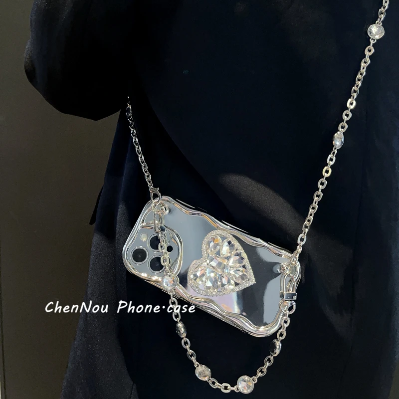 苹果/华为/荣耀/oppo/vivo小米手机壳电镀银闪钻爱心支架手提斜挎