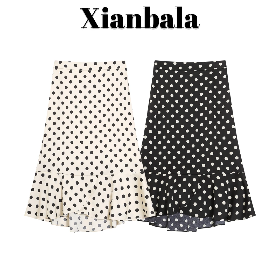 黑色高腰波点半身裙女2024新款夏季薄款不规则荷叶边包臀鱼尾裙