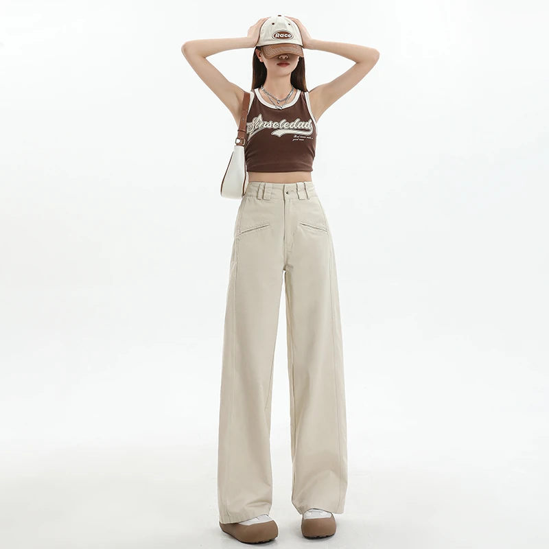 XIANBALA街头复古垂顺感显瘦休闲裤2024春夏季新款高腰阔腿裤