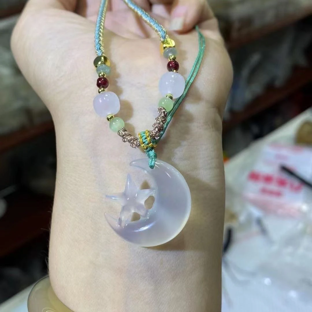 天然玉髓玛瑙星月相伴星星月亮吊坠 毛衣链挂件