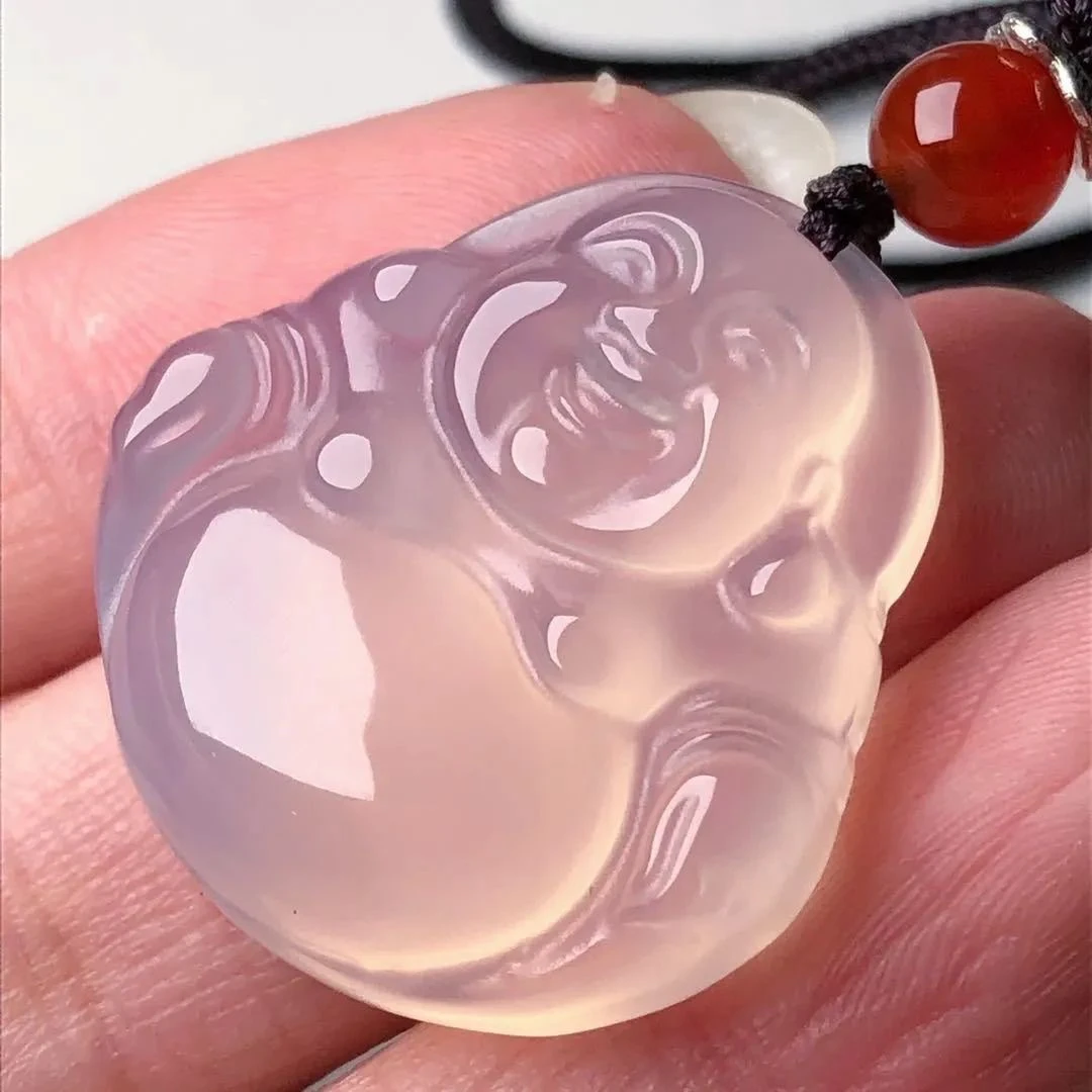 新疆天然藕粉色冰透佛公玉石吊坠项链粉玉髓玛瑙佛公镶嵌