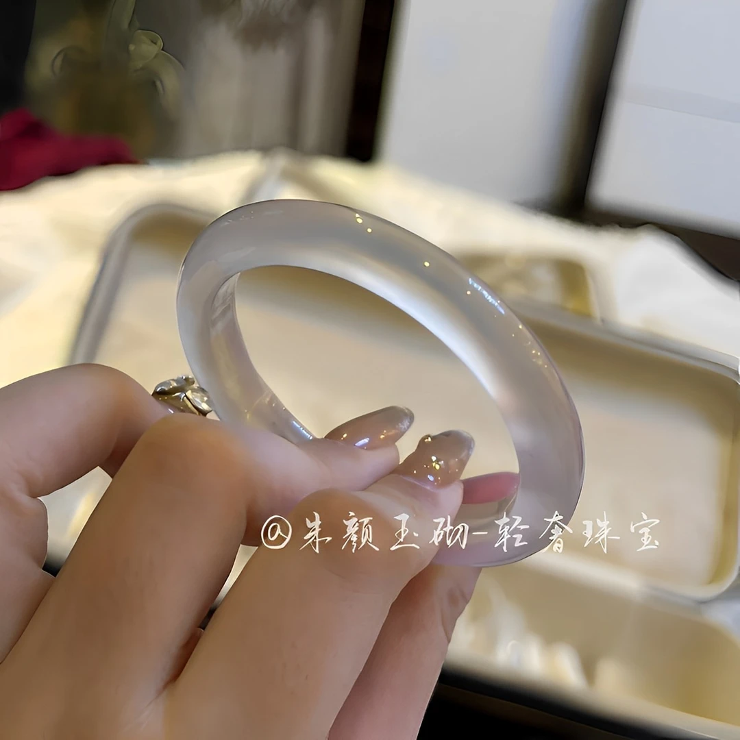 马料终身毕业镯无包容玻璃底白冰玛瑙玉髓手镯送女神奢侈手镯礼物