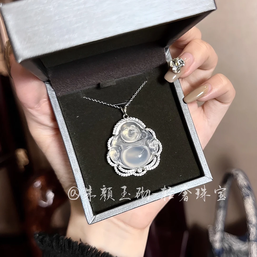 严选正品玛瑙佛公吊坠大肚佛玉坠天然白冰玉佛玉佛弥勒笑佛礼物