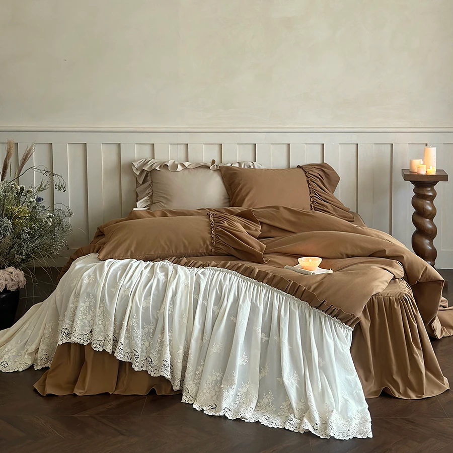 【蛋壳】轻奢法式100支A类全棉贡缎加厚磨毛四件套床裙床单被套纯棉