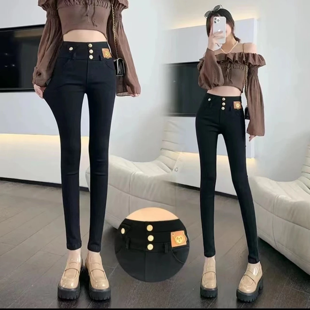 2025早春高弹洗水工艺高腰排扣皮牌设计修身小脚显瘦百搭铅笔裤女