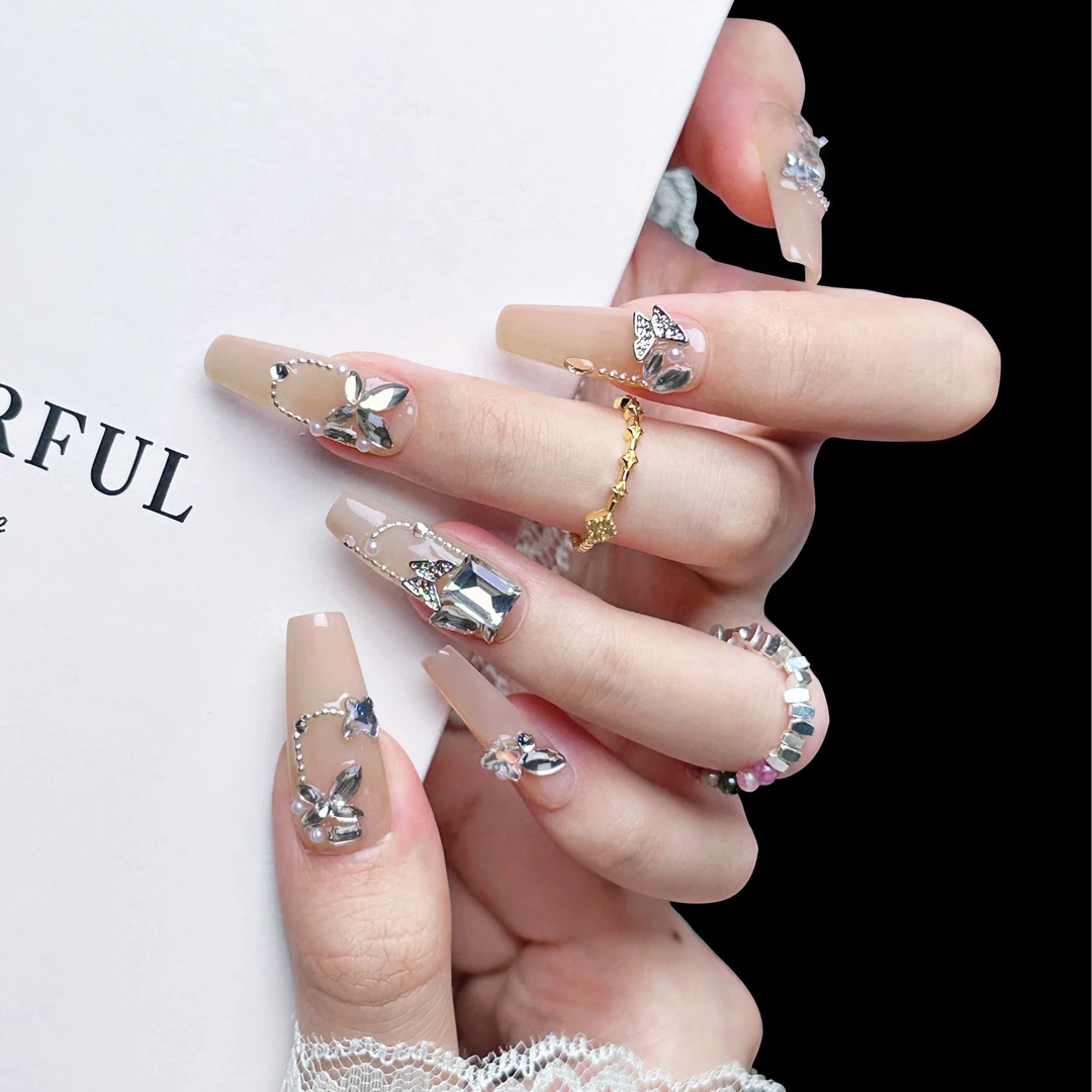 【引蝶】纯手工穿戴甲气质裸色爆闪冰透可拆卸美甲贴片