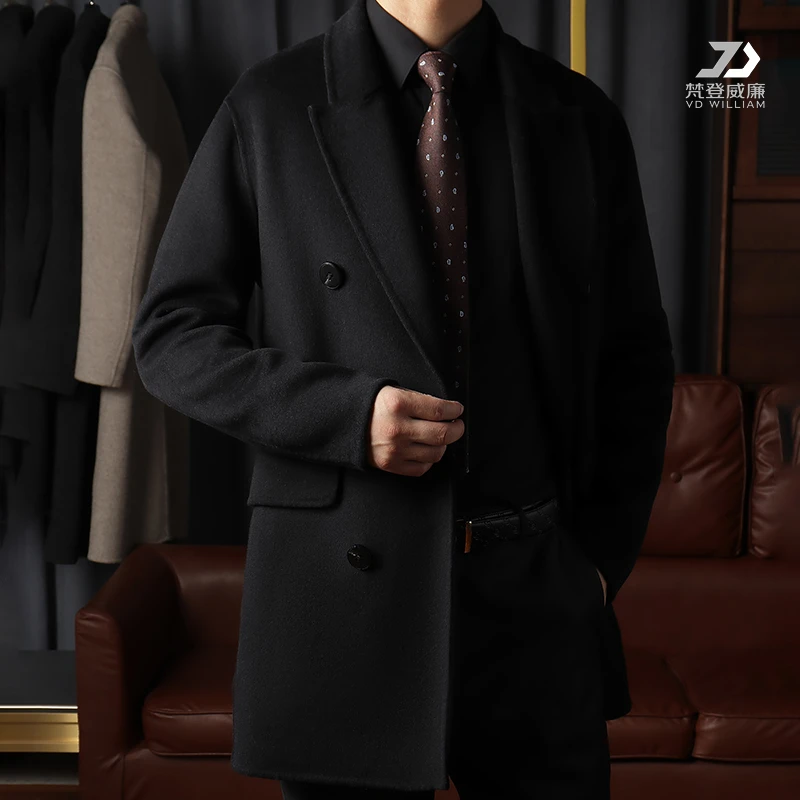 2024秋冬新款绵羊毛双排扣男士中长款休闲大衣双面呢商务羊绒