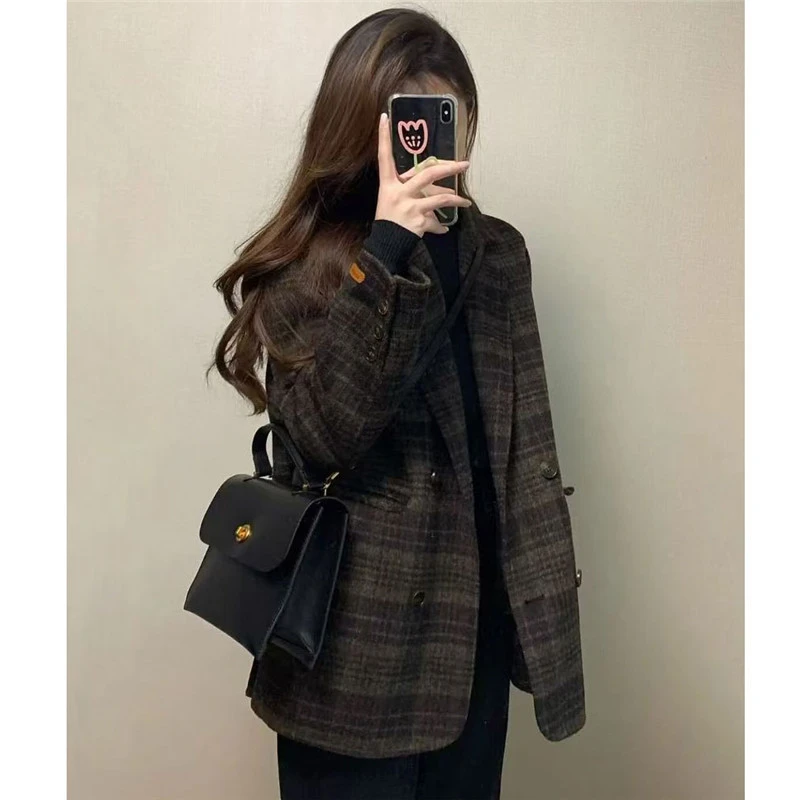 复古格子呢子大衣2024秋冬新款韩系加厚显瘦百搭休闲毛呢外套