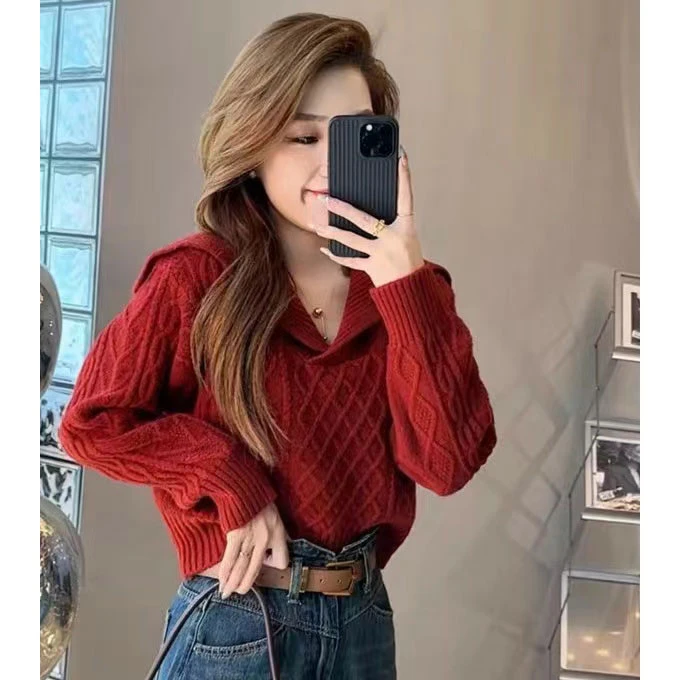 毛衣女2024春秋新款复古翻领红色百搭麻花小个子短款针织衫上衣