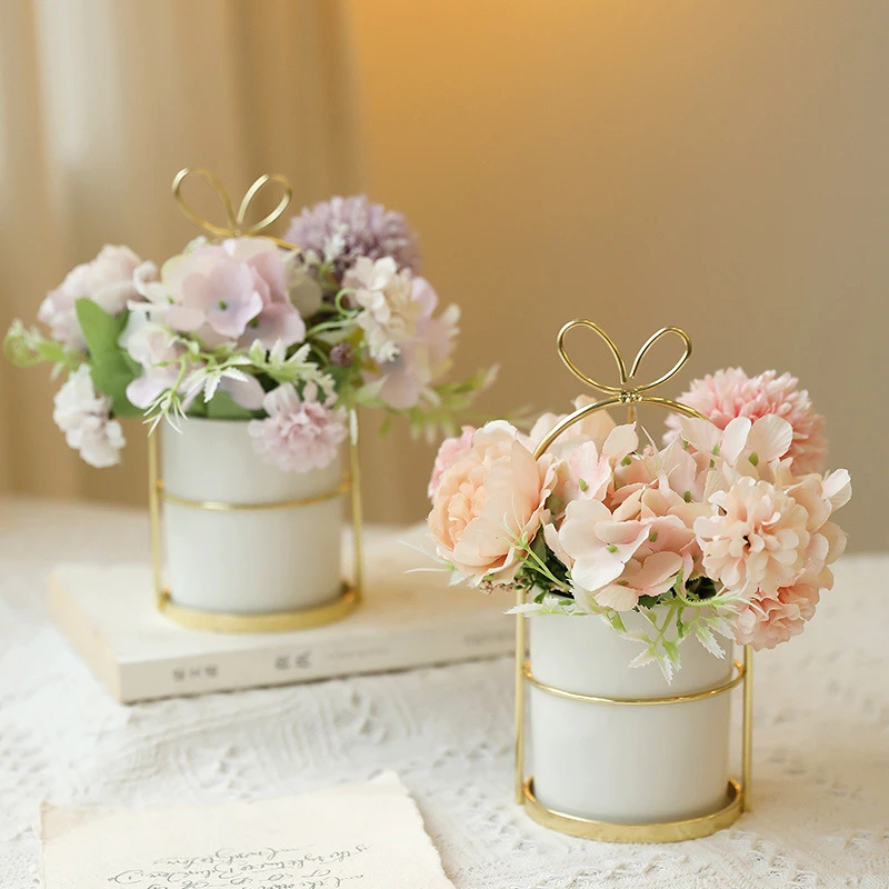 蝴蝶花瓶电镀铁艺陶瓷盆电视柜洽谈桌假花盆栽商场售楼部摆件