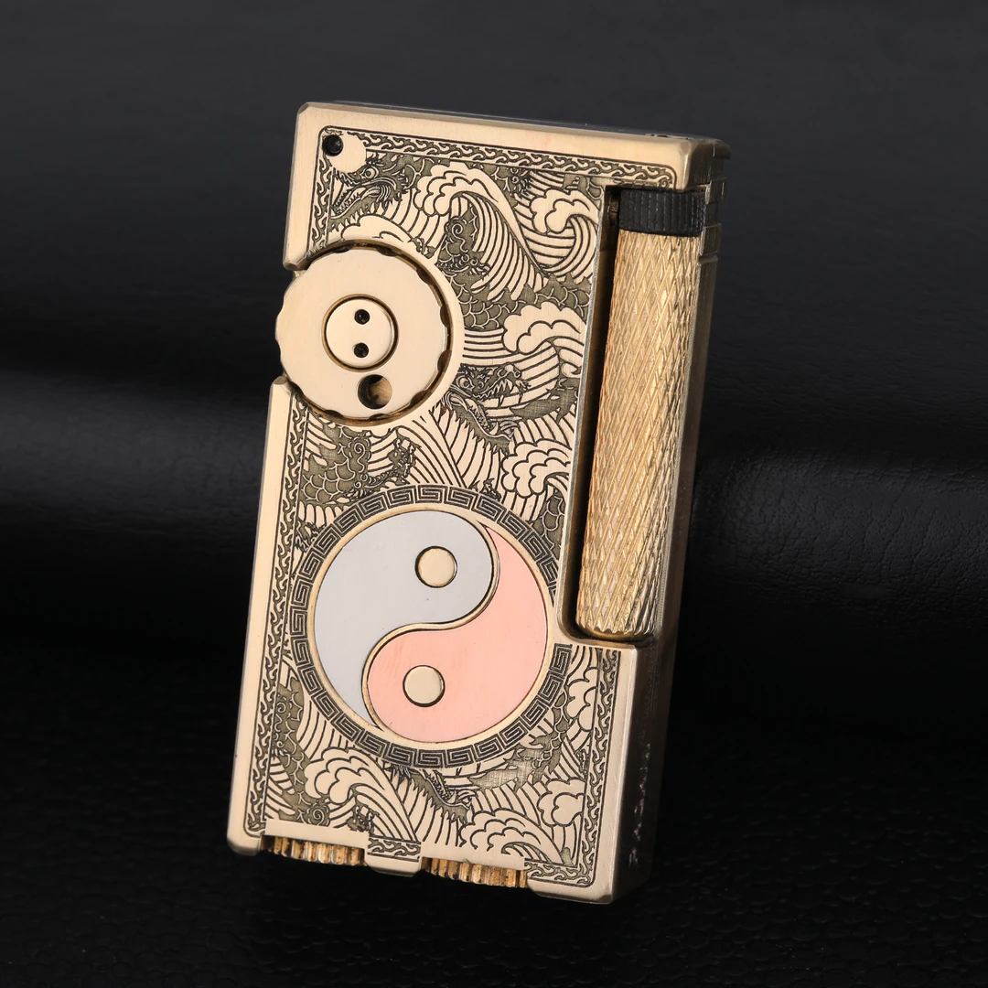 黄铜侧滑煤油打火机窄机短款双油仓震麟太极八卦图紫铜镶嵌