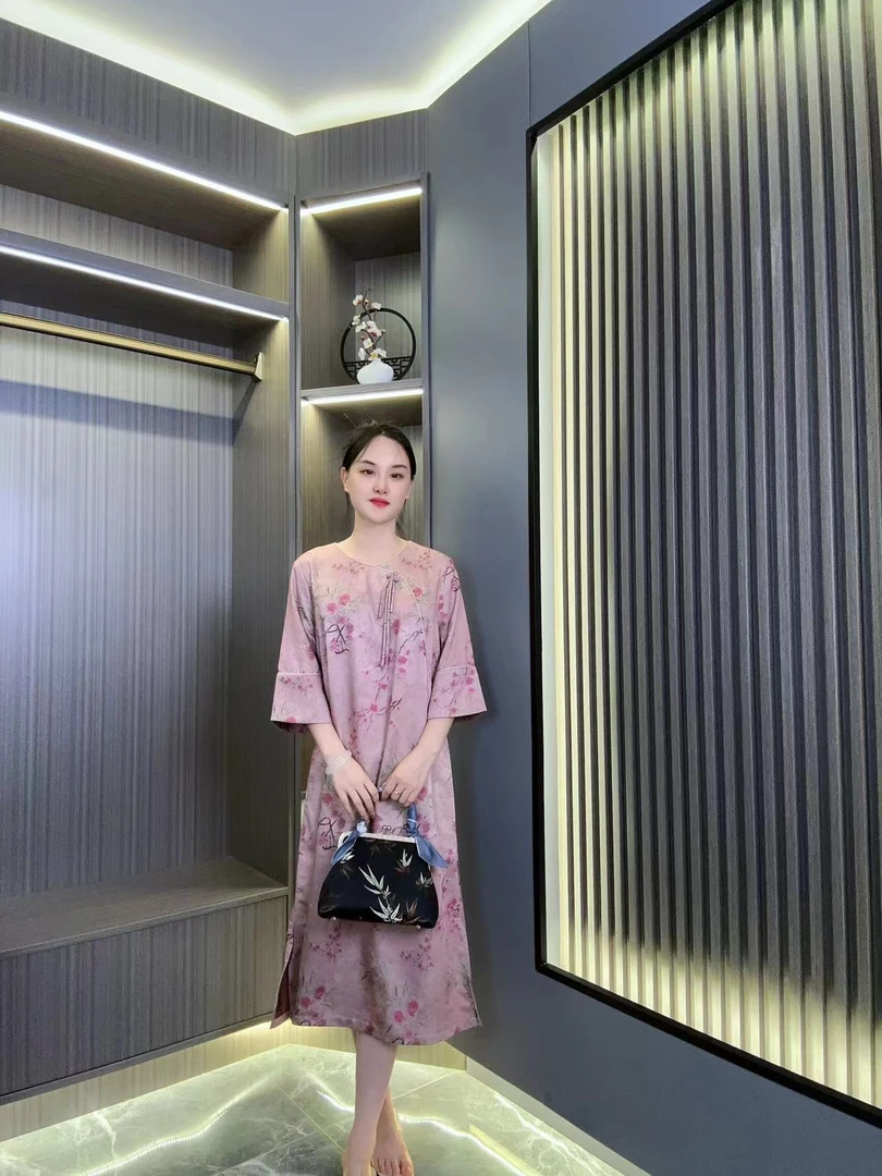 [梅花醉]夏新款中式气质立领提花宽松短袖中长款连身裙女中国风