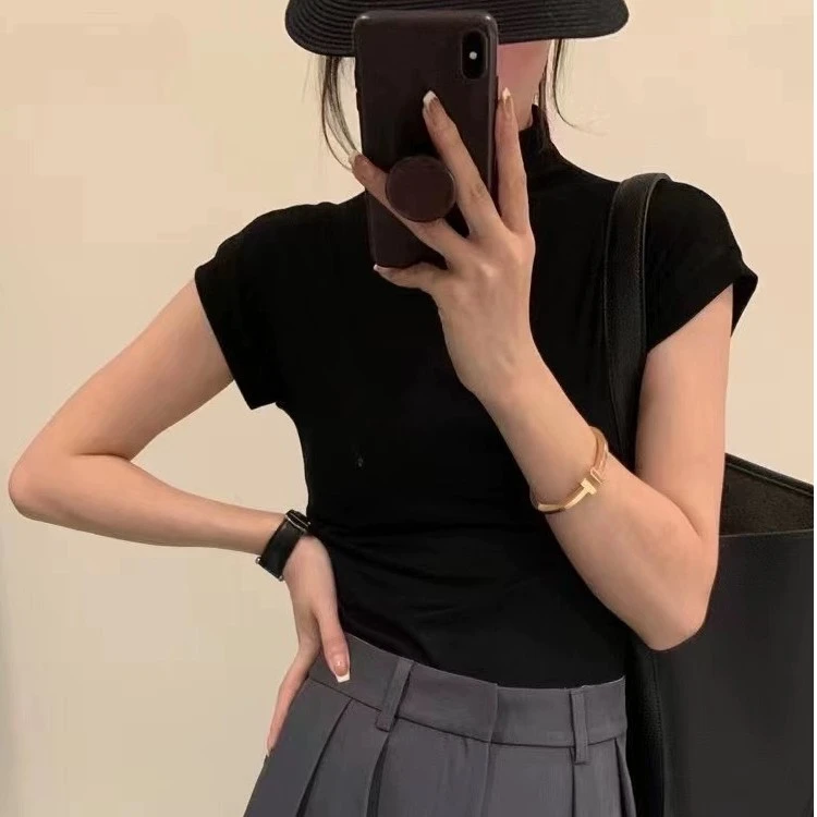 【多多在美国】设计感莫代尔棉t恤·女短袖修身上衣韩国半高领套头